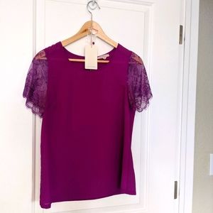 Magenta Lace-sleeved spring blouse